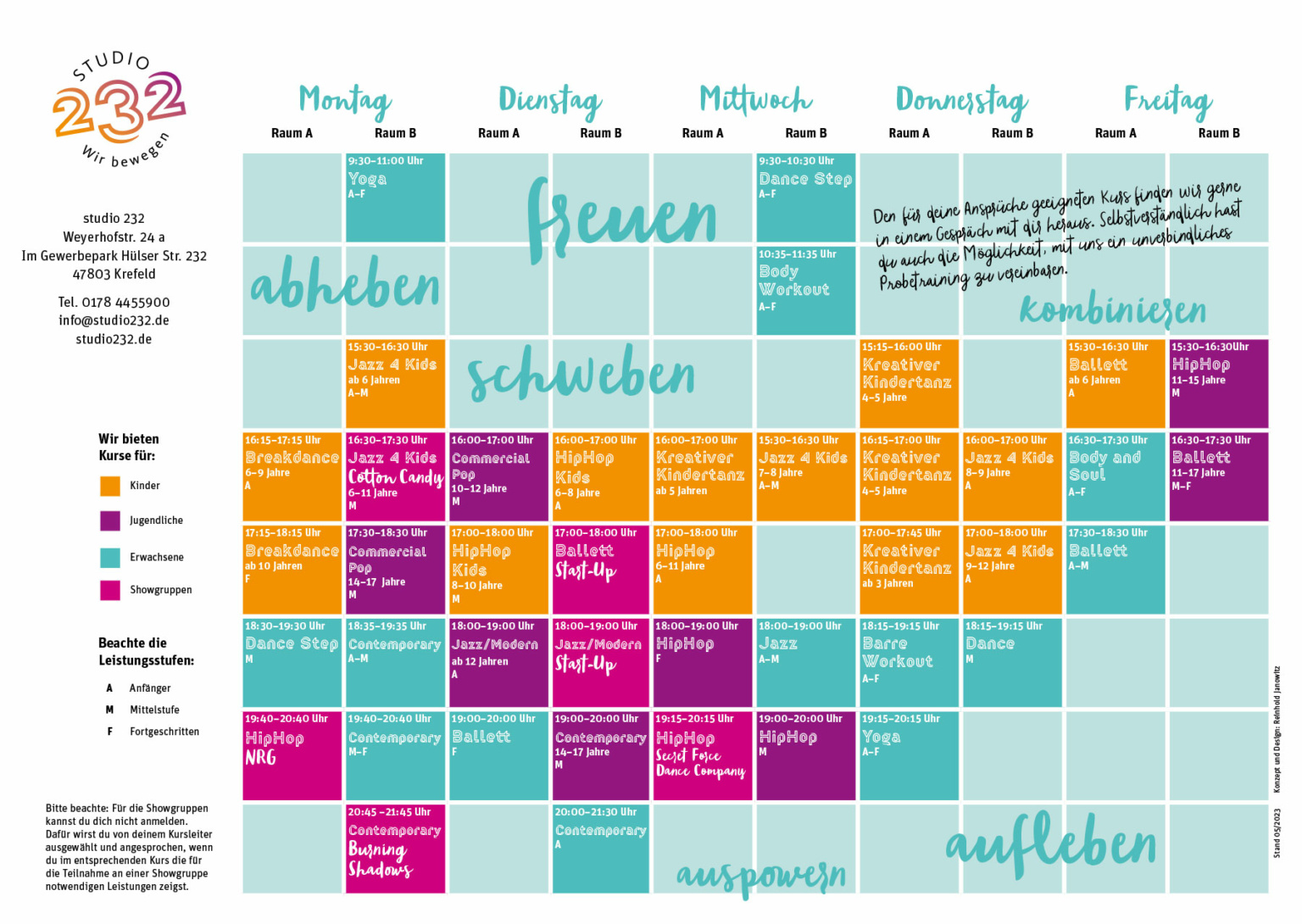 Unser aktueller Kursplan informiert über alle Kurszeiten Studio 232