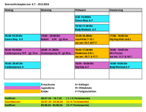 Der Sommerferienplan 2024 des Studio 232, Krefeld