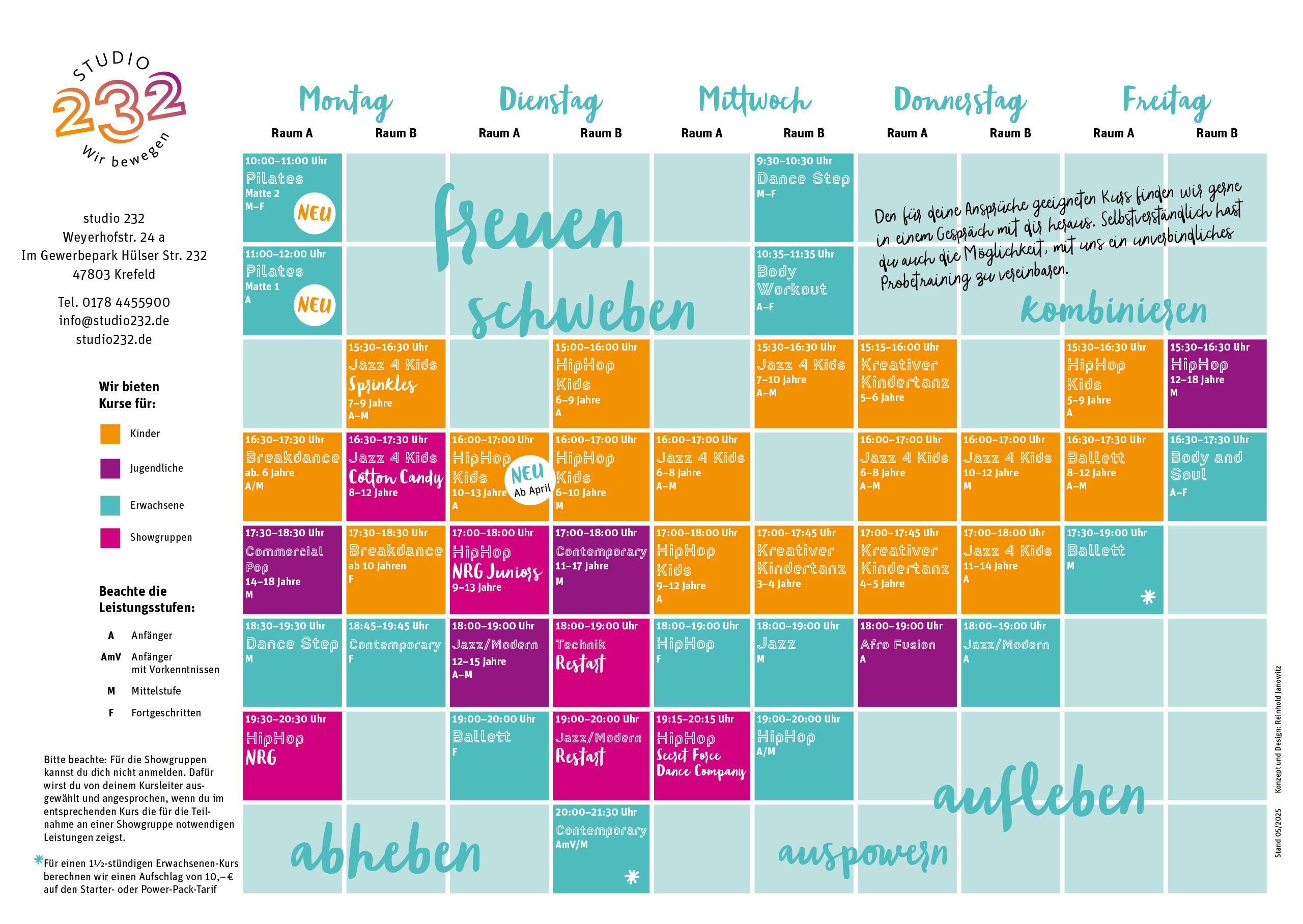 Kursplan des Studio 232, Stand 05/2025