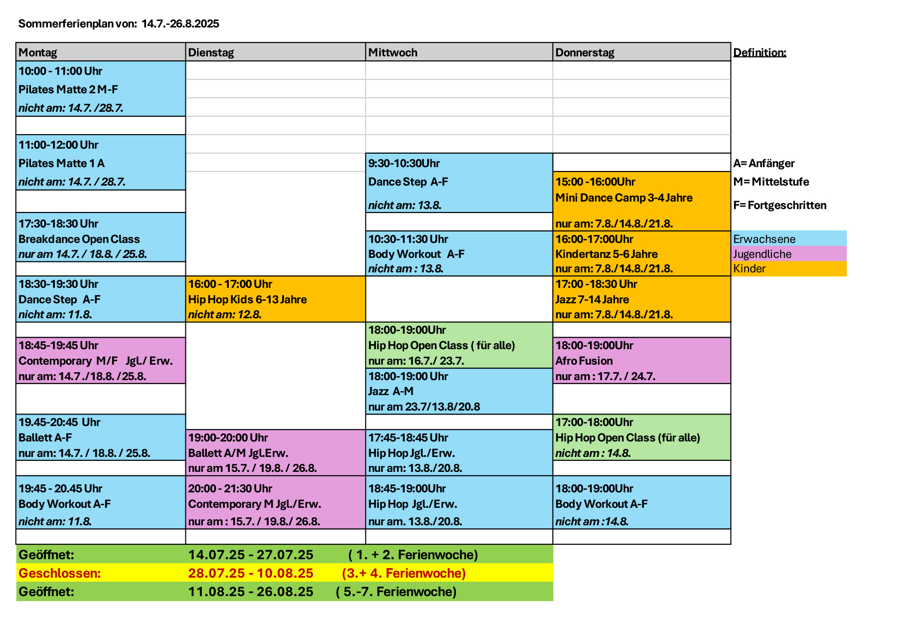 Der Sommerferienplan 2025 des Studio 232