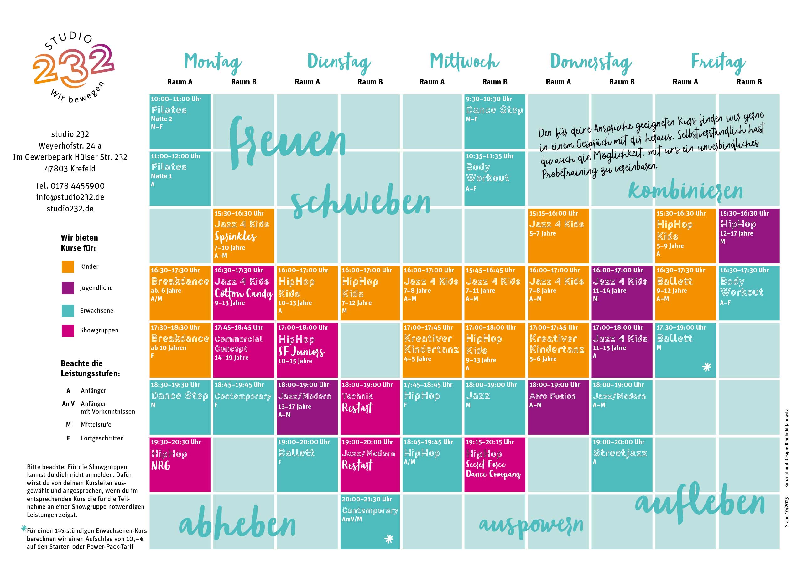 Kursplan des Studio 232, Stand 10/2025