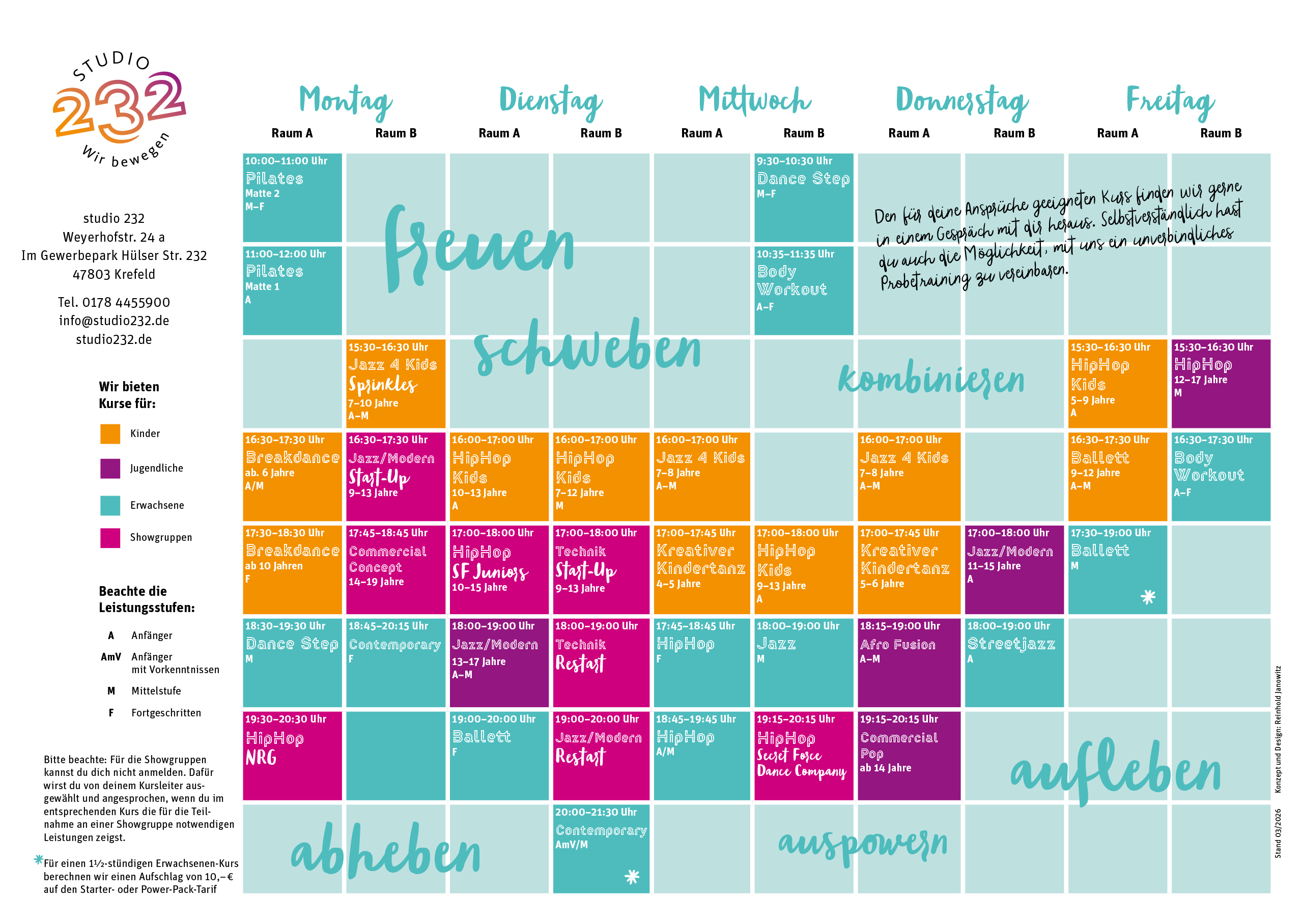 Kursplan des Studio 232, Stand 03/2026