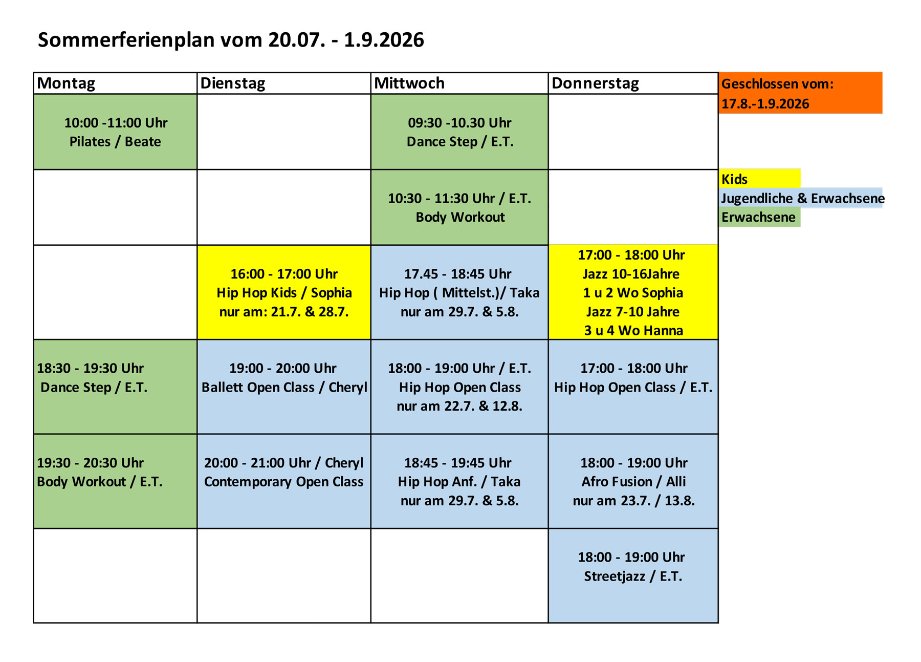 Sommerferienplan 2026 des Studio 232 Krefeld