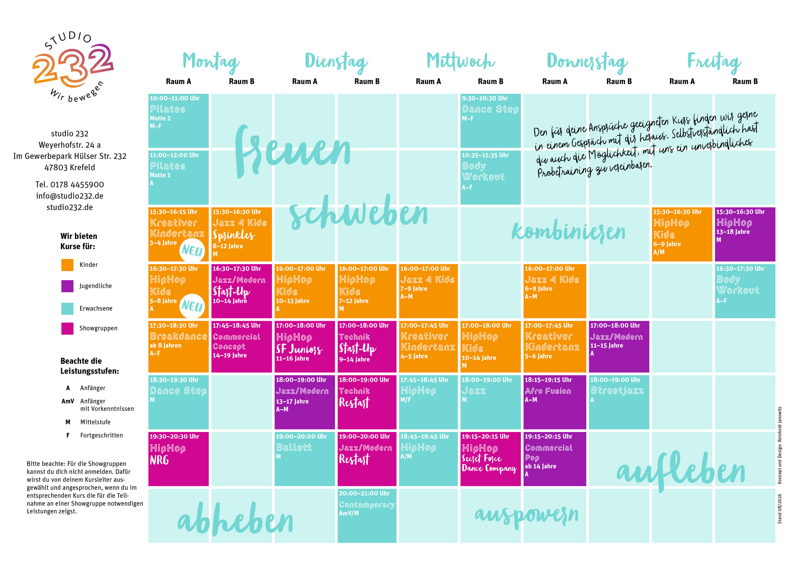 Kursplan des Studio 232 Krefeld, Stand 08/2026